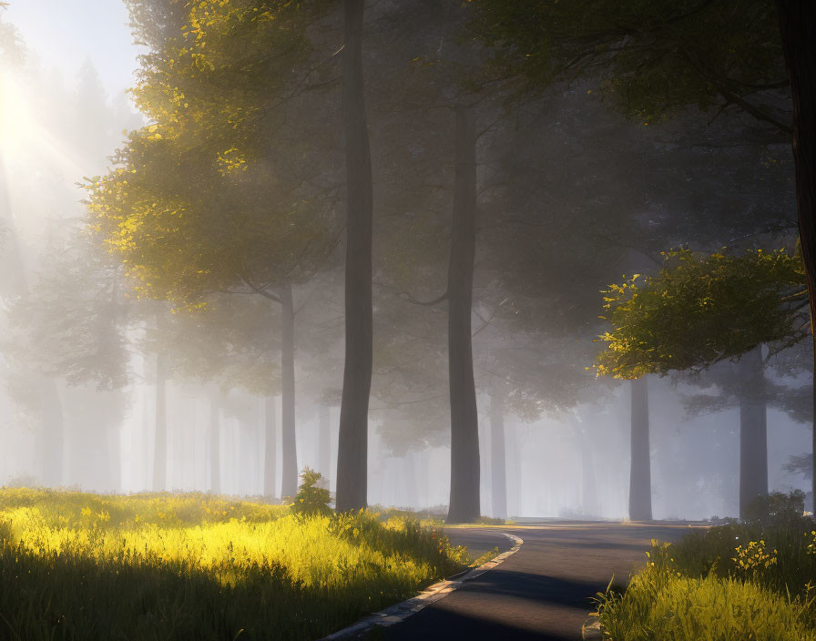 Misty forest with sunlight filtering through, curvy path, lush green meadow