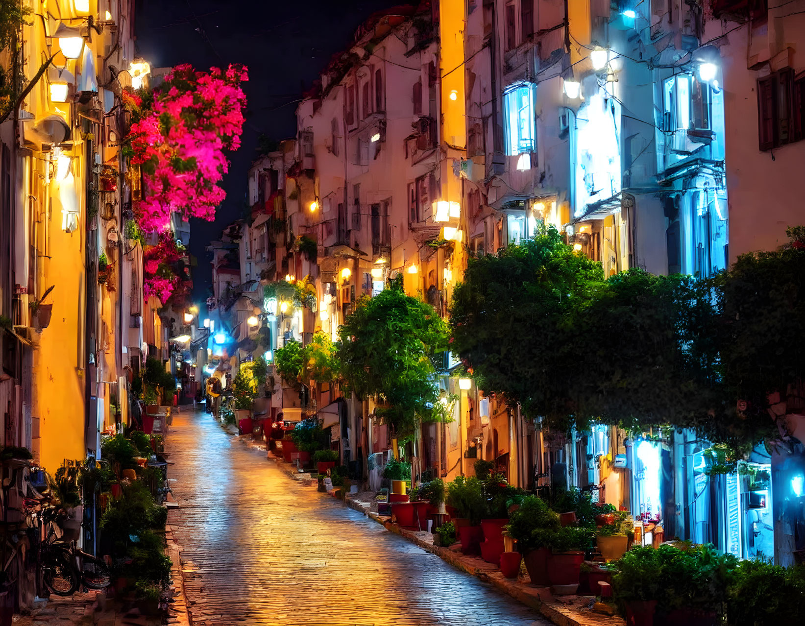 Historic cobblestone street with vibrant flowers and warm lights at night