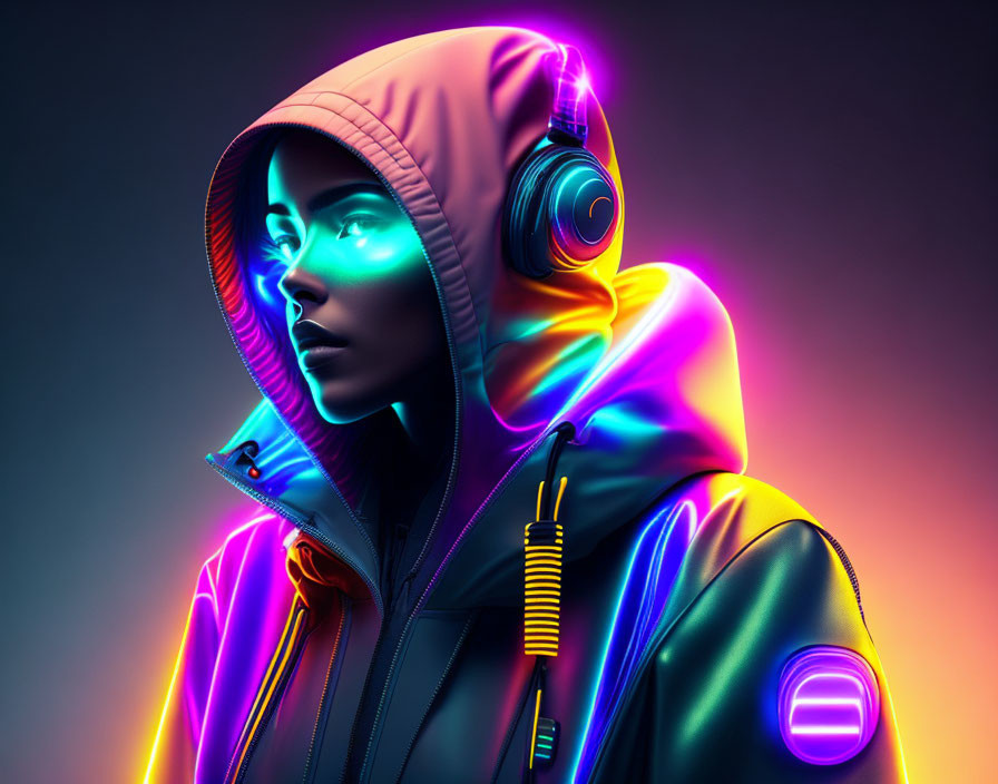 Hooded figure in neon headphones on dark background