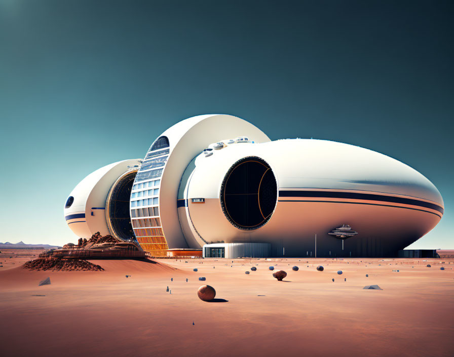 Futuristic domed structures in desert landscape with round portals