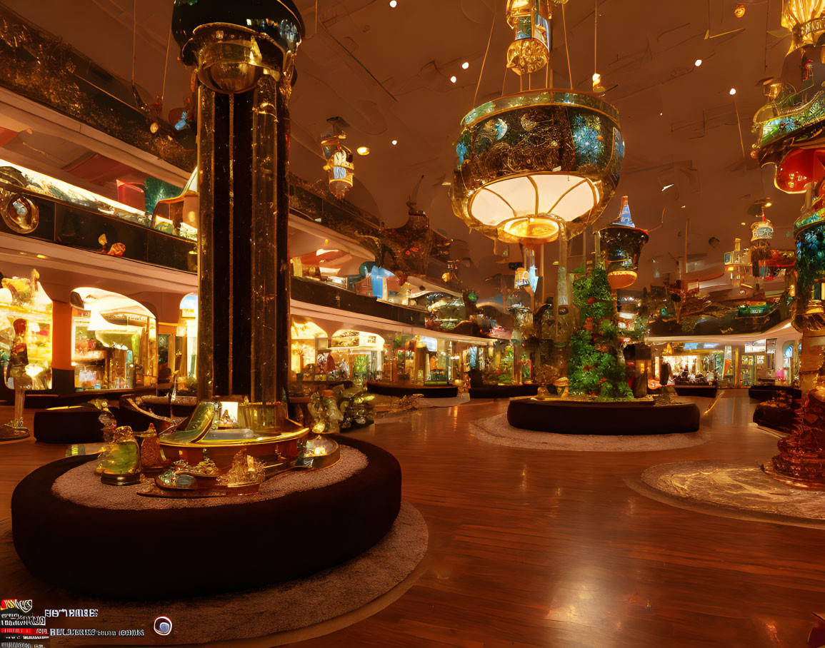 Luxury Store Interior with Golden Columns and Lavish Chandeliers