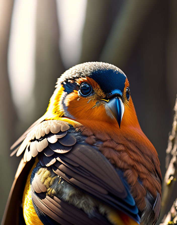 Colorful bird with orange and blue plumage perched on branch.