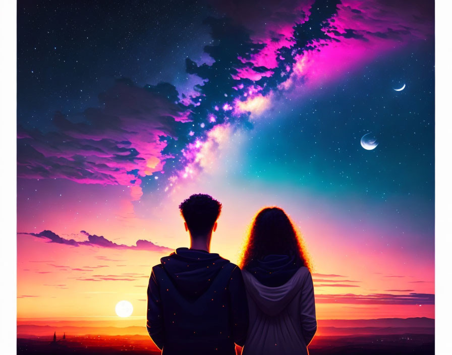 Silhouetted couple against vibrant sunset with cosmic sky