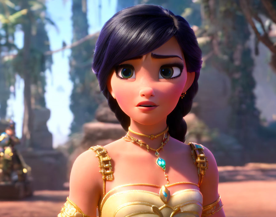 Dark-Haired 3D Animated Character in Gold Armor with Blue Gem Details