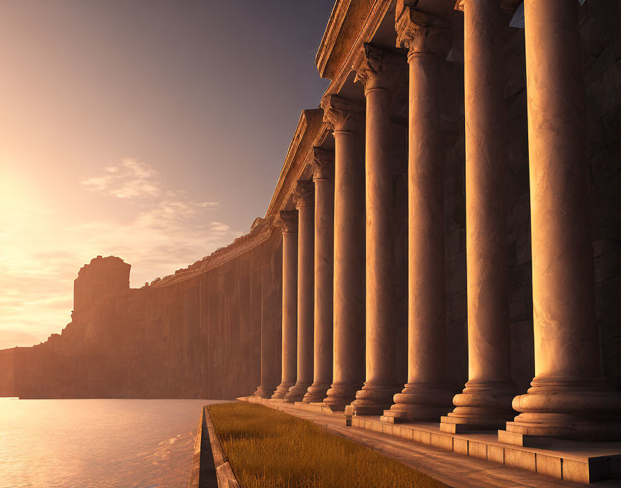 Tranquil sunset illuminates classical columns by calm water