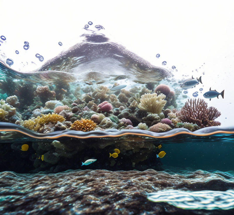 Colorful coral reef with fish and bubbles in underwater scene