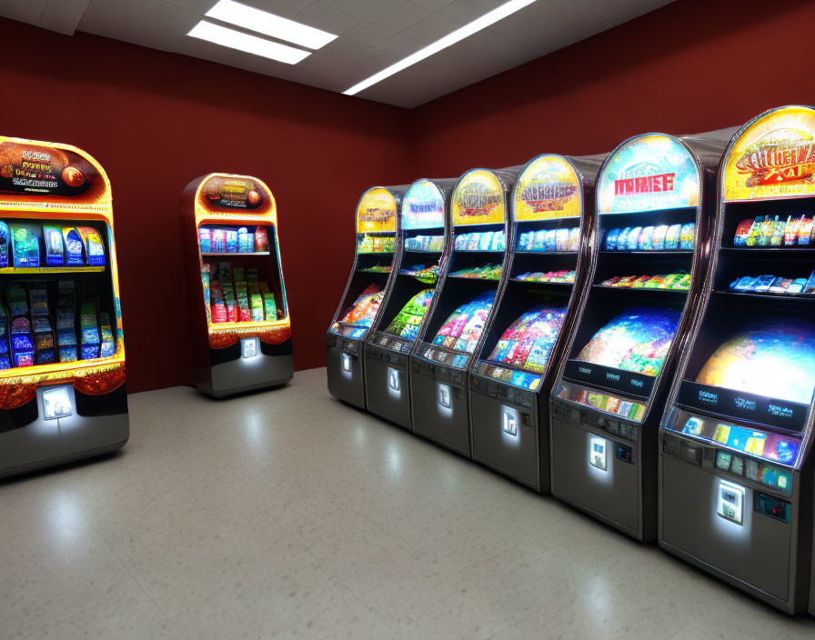 Colorful Slot Machines in Brightly Lit Room with Red Walls