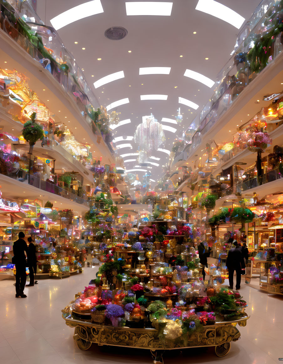 Vibrant indoor market with multi-level layout and shoppers exploring items