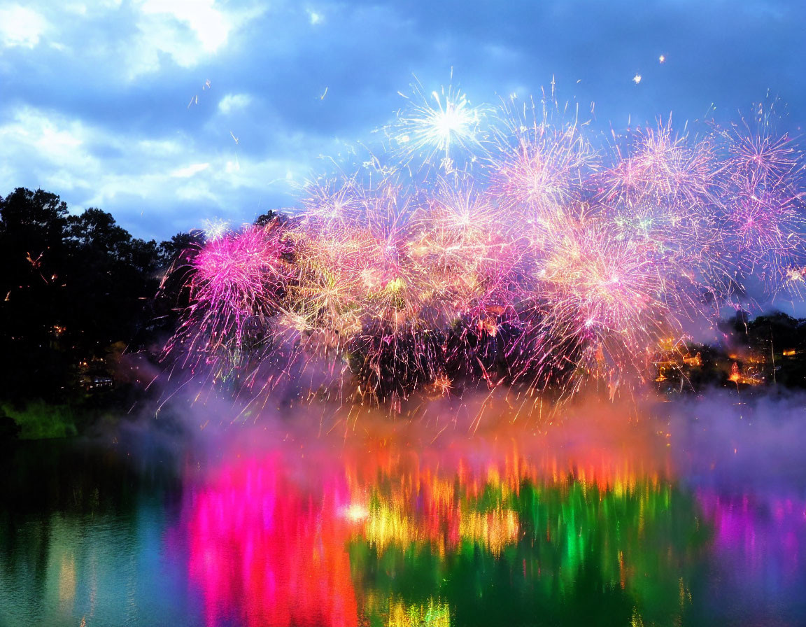 Colorful fireworks display over tranquil lake at dusk