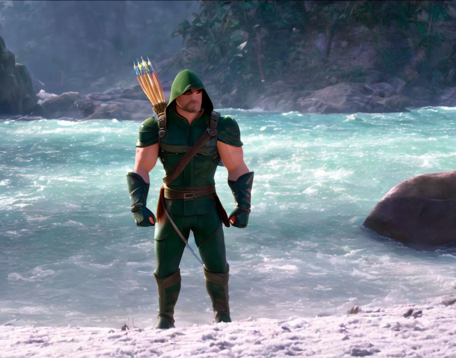 Green hooded archer by misty river with bow and arrows