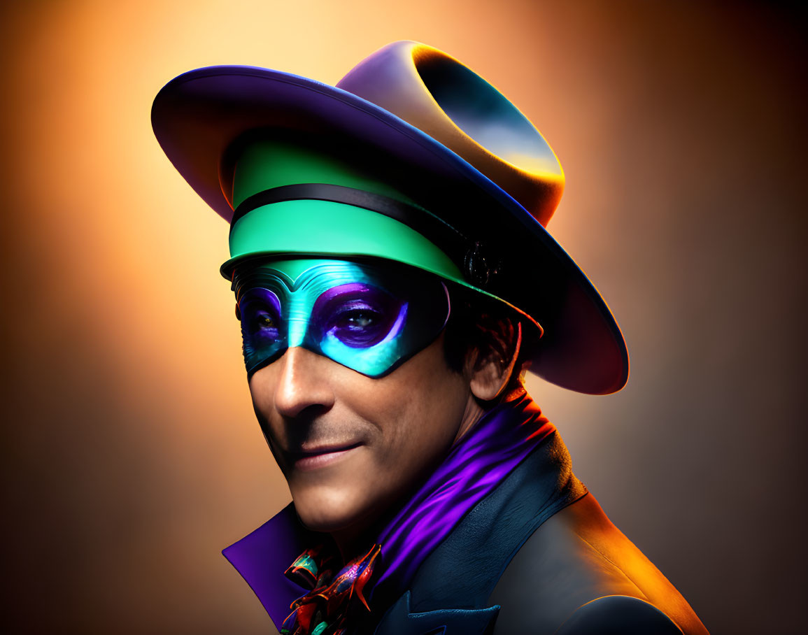 Vibrant portrait of a person with layered hats and face paint