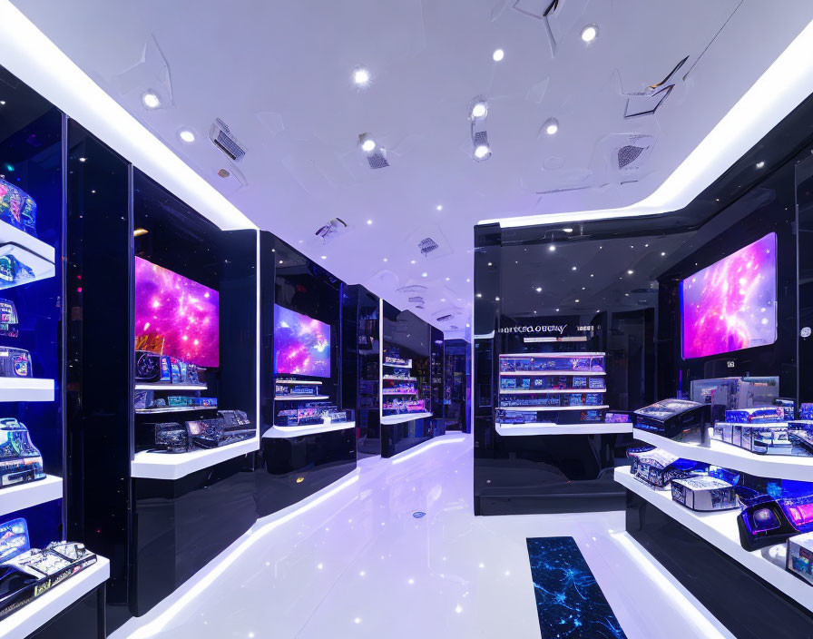 Brightly Lit Electronics Store with Cosmic TV Screens & Modern Gadgets