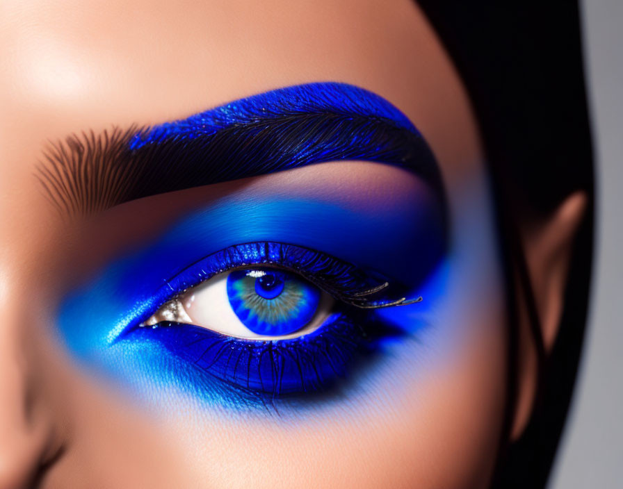 Detailed Close-Up of Woman's Eye with Blue Eyeshadow and Contact Lens