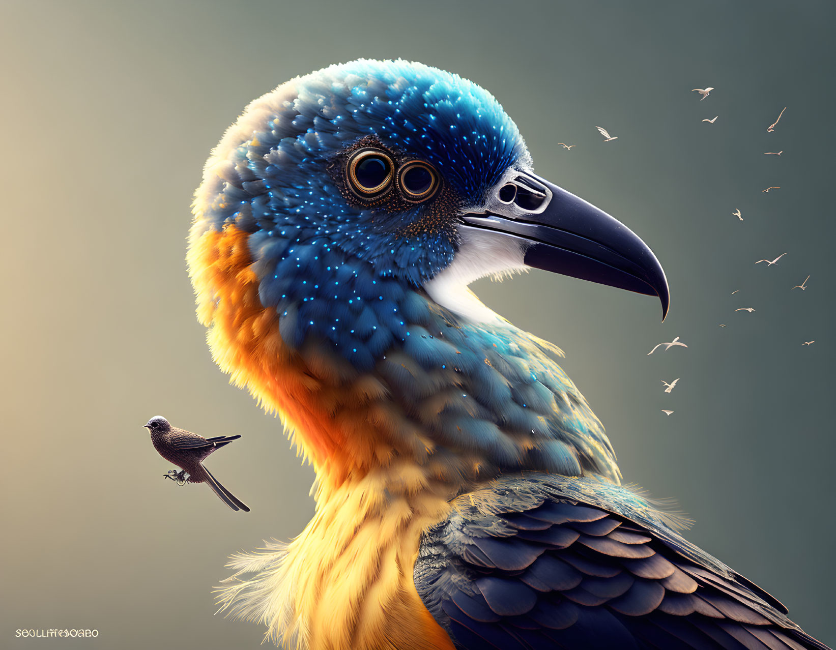 Colorful digital artwork: Fantastical bird with blue to yellow gradient feathers and small real bird.