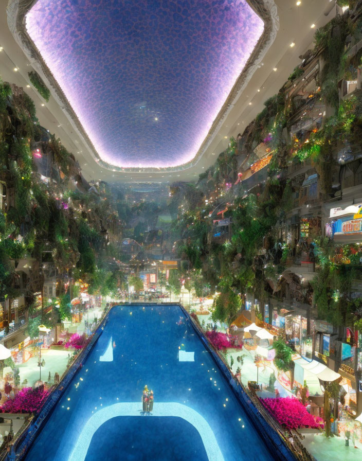 Indoor plaza with blue walkway, greenery, shops, pink flowers & honeycomb ceiling