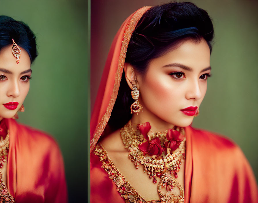 Traditional South Asian Bridal Attire with Red & Gold Outfit