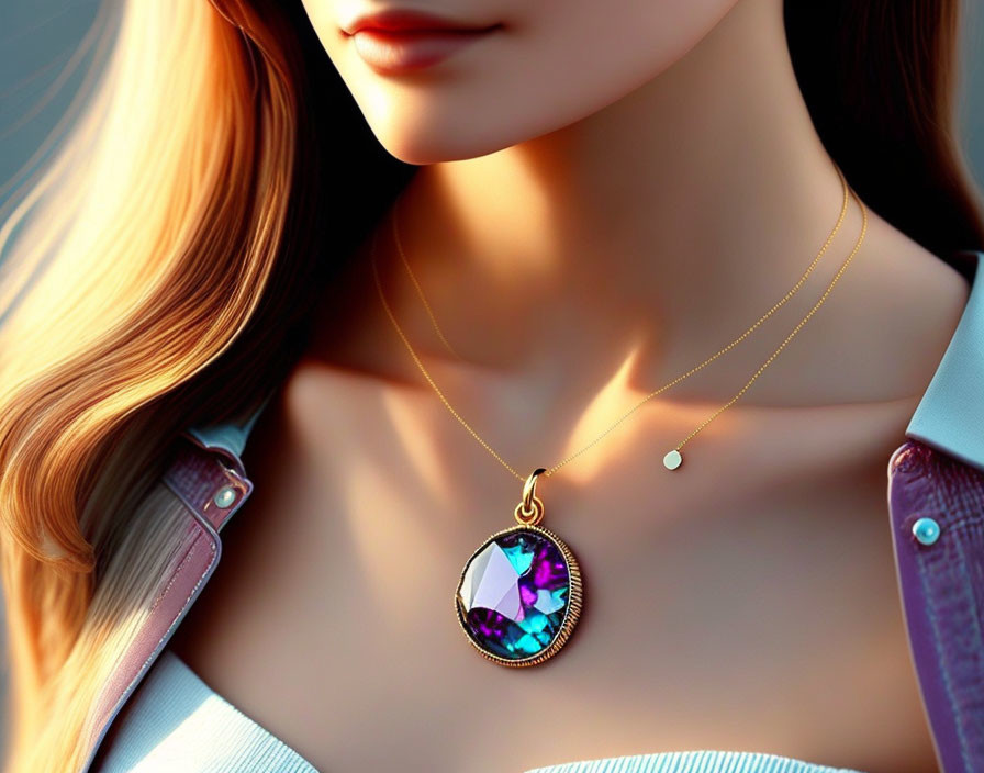 Woman with delicate gold necklace and colorful iridescent pendant on pale skin