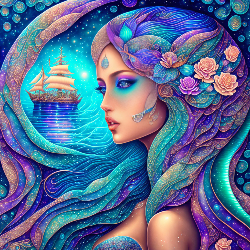 Colorful illustration of woman with blue & purple hair, roses & ocean waves, ship sailing under star