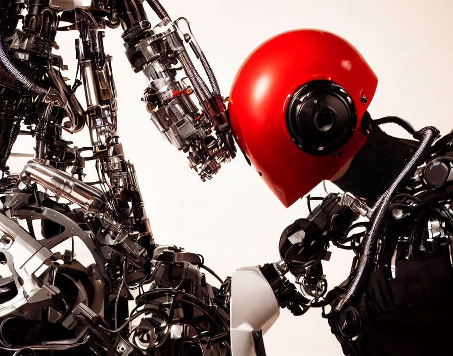 Detailed Robot with Red Helmet Head and Mechanical Parts on Light Background