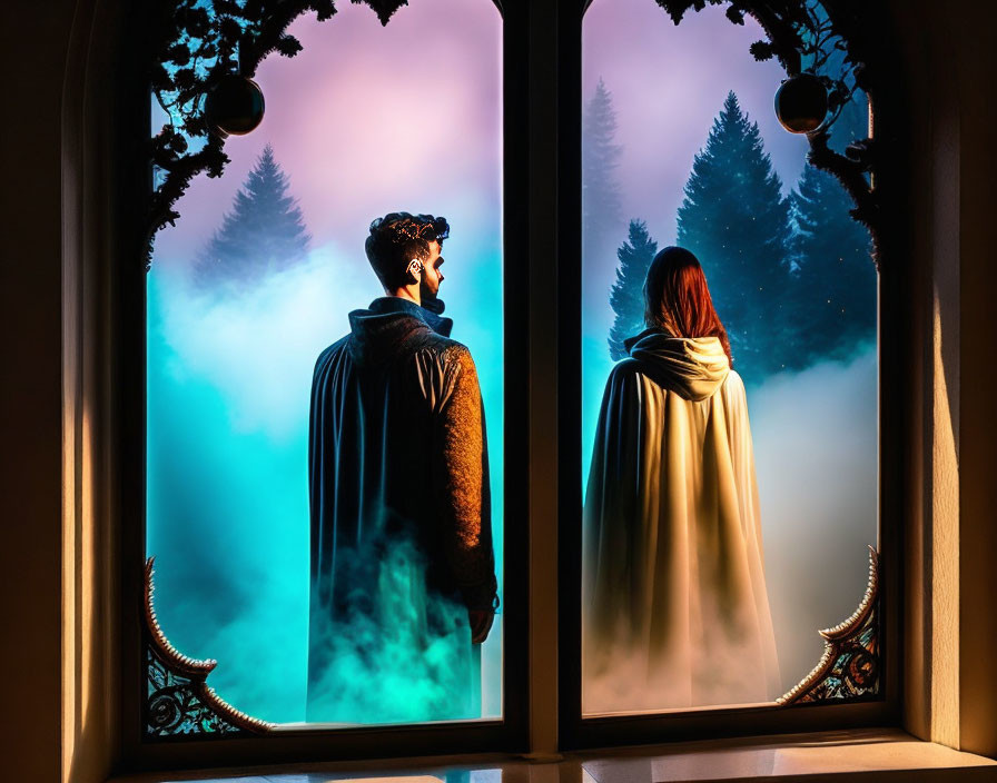 Two individuals in capes gazing at misty forest through Gothic windows