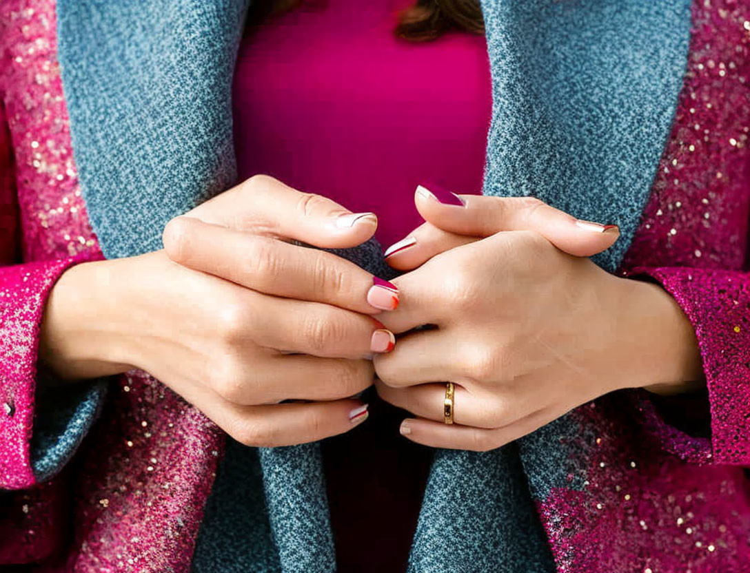 Person in Red Nail Polish Sparkling Pink Jacket and Purple Top Clasping Hands