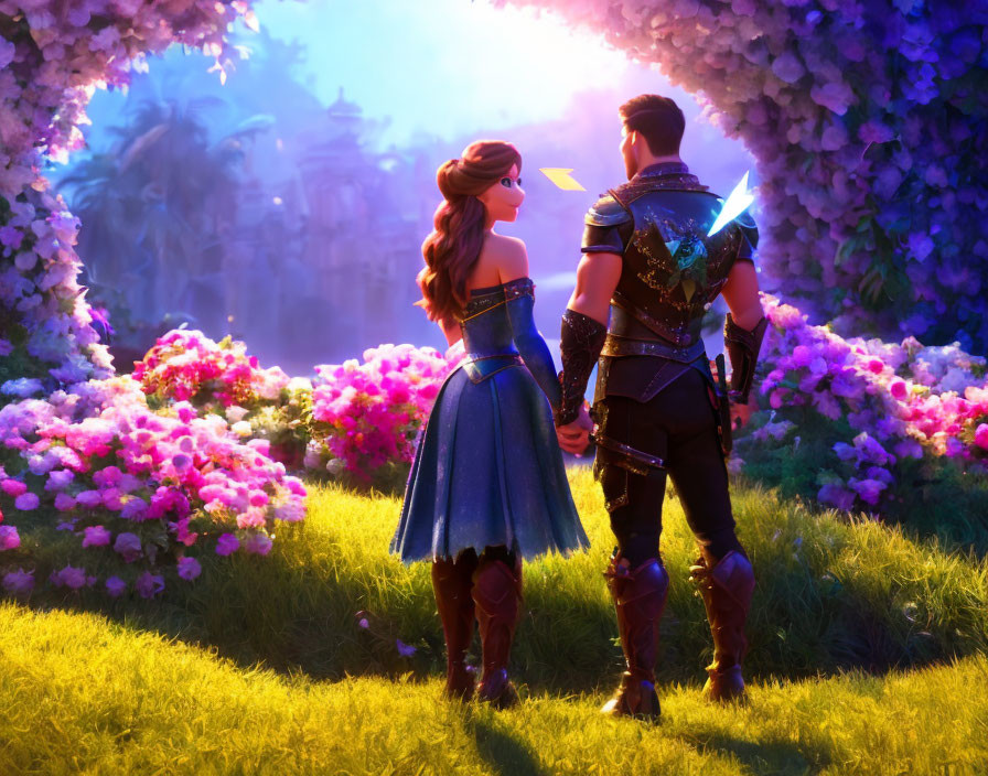 Animated man and woman in vibrant garden with magical entrance