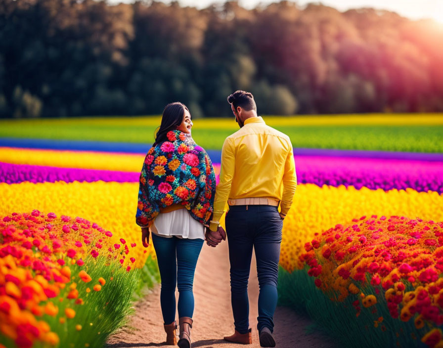 Couple walking in tulip field at sunset with woman in floral shawl and man in yellow jacket