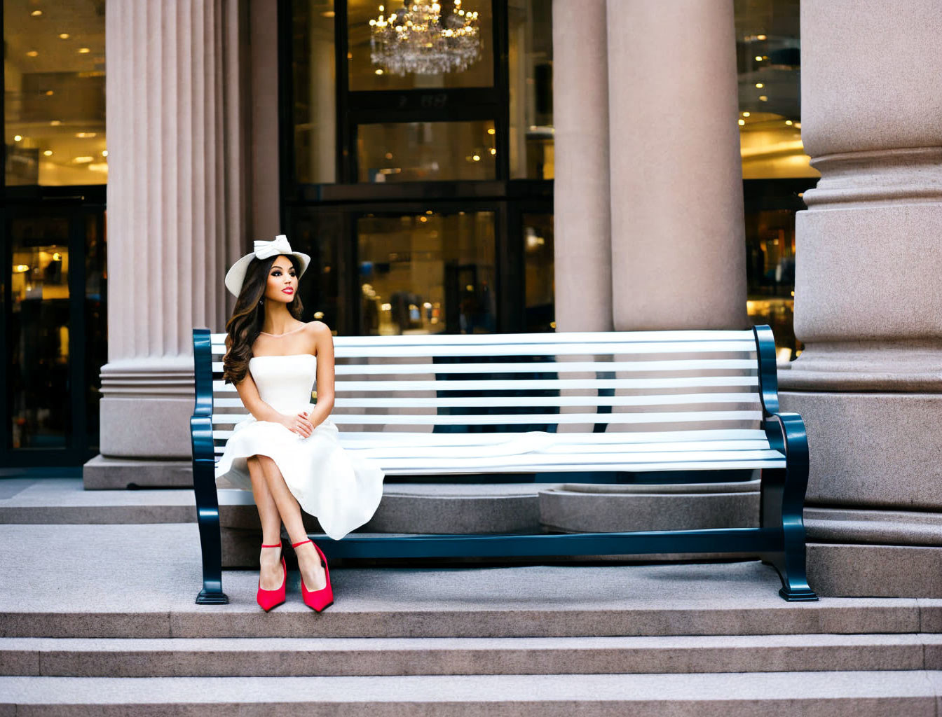 Stylish woman in white dress and red heels on striped bench with wide-brimmed hat