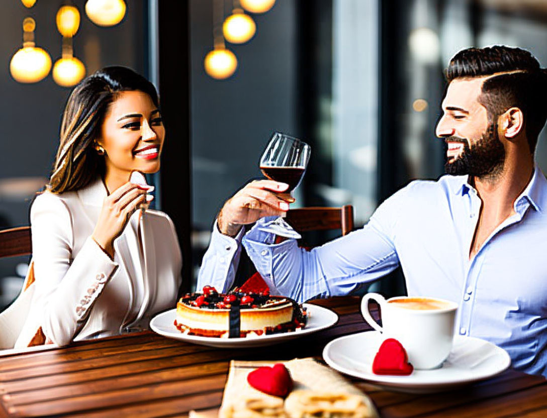 Couple on Romantic Date with Wine and Dessert at Stylish Cafe