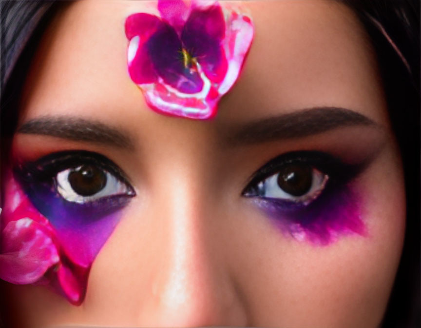 Detailed close-up: purple-themed makeup and floral adornments on person's eyes for a vibrant and artistic