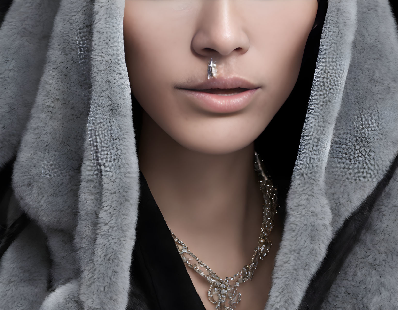 Person in Hooded Fur Garment with Nose Jewelry and Necklace