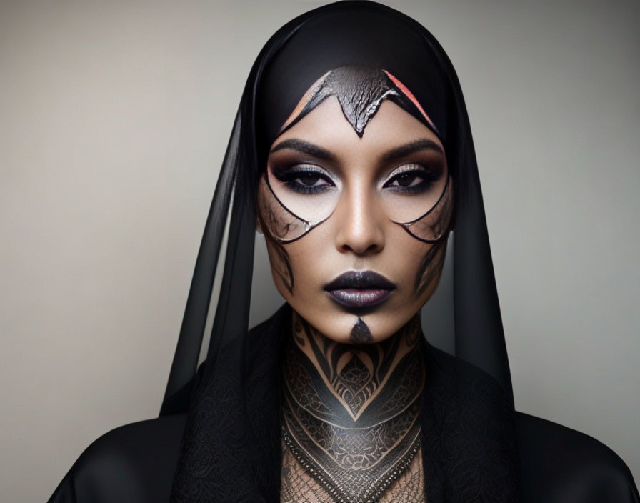 Person with dramatic makeup and tattoos in black headscarf gazes at camera