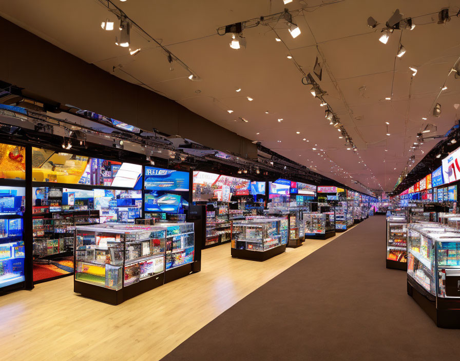 Electronics Store Interior with TVs, Shelves, and Signage