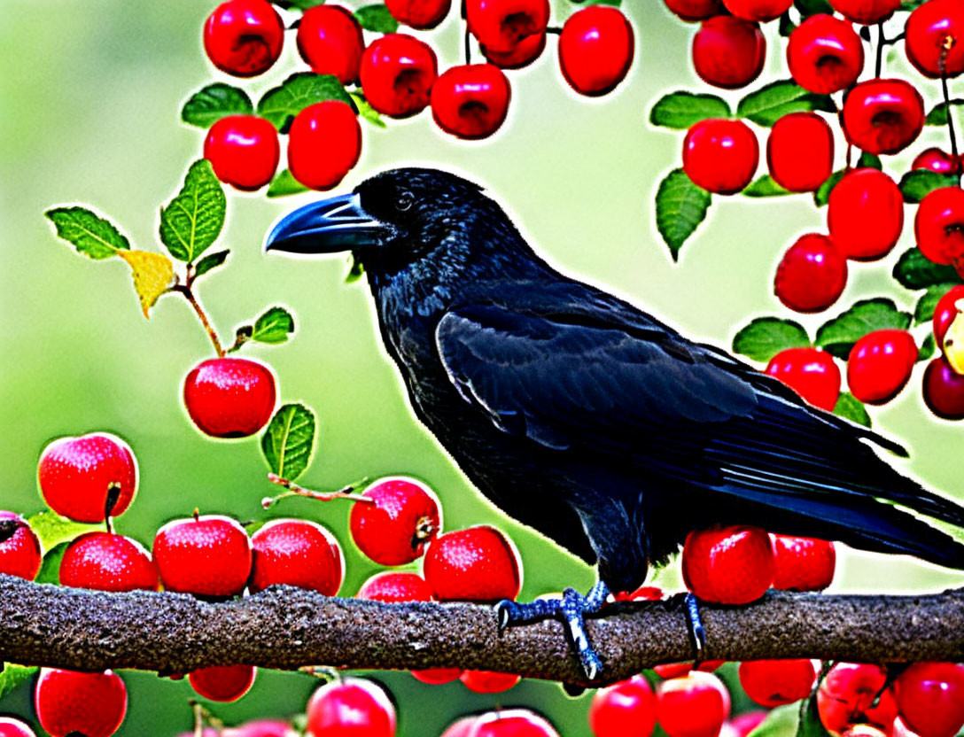 Black crow on branch with red cherries in green background