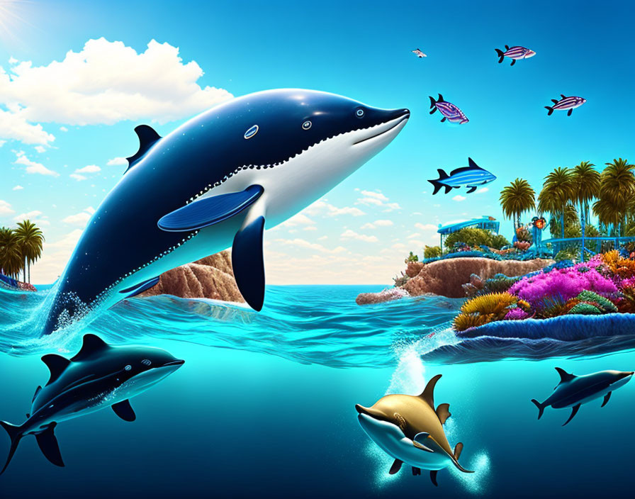 Orca jumping in vibrant underwater scene