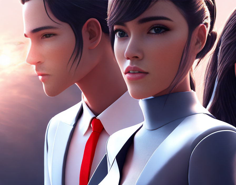 Stylized digital characters in smart outfits against soft-focus background