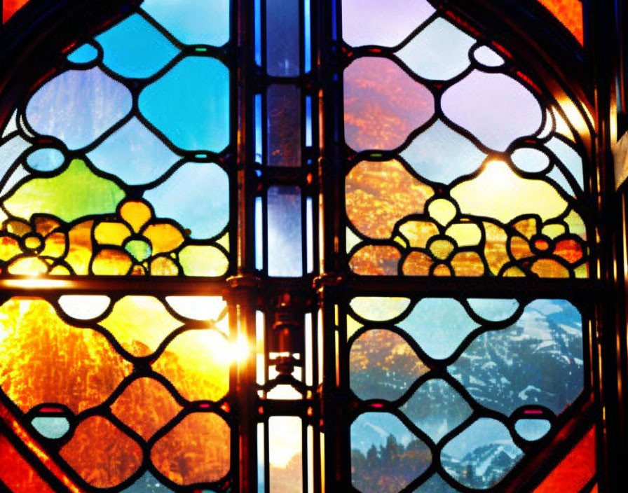 Colorful geometric stained glass window with sunset over mountains