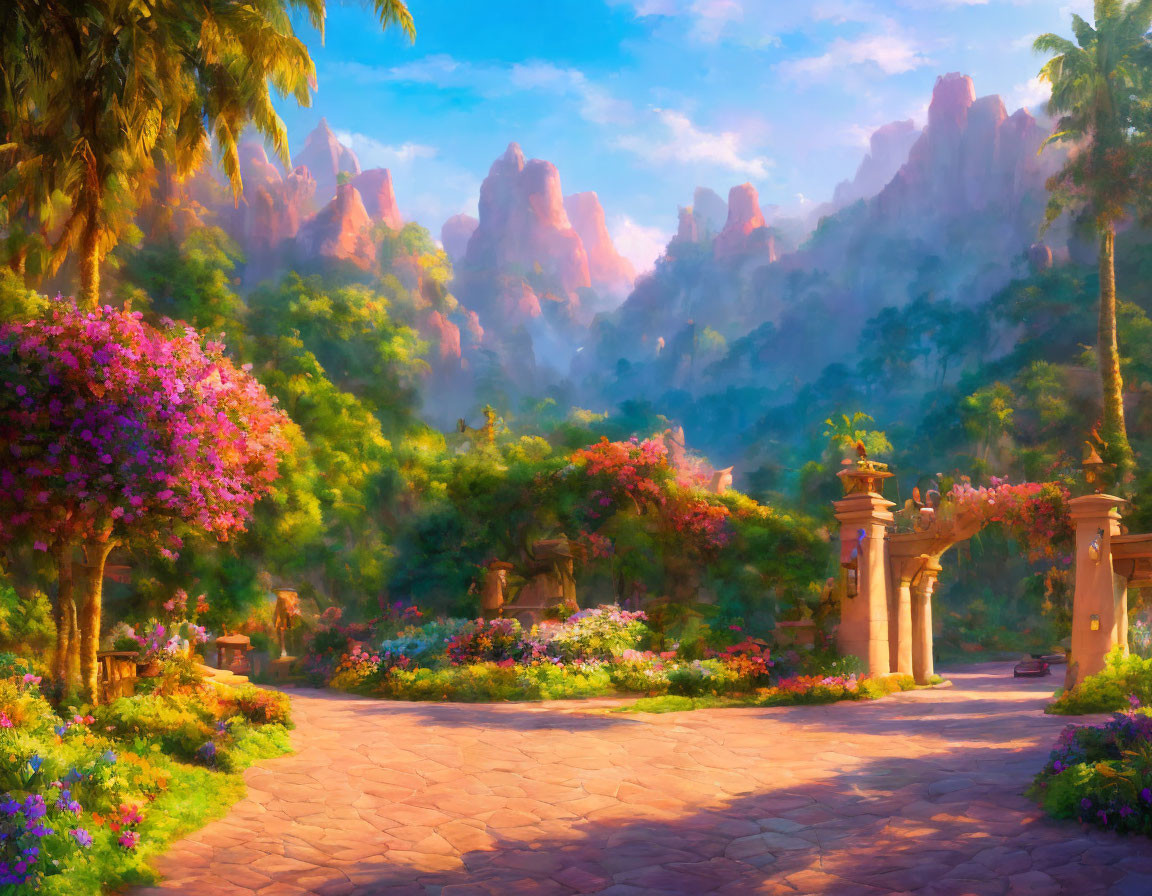 Colorful Painting of Tranquil Garden Path with Blooming Flowers