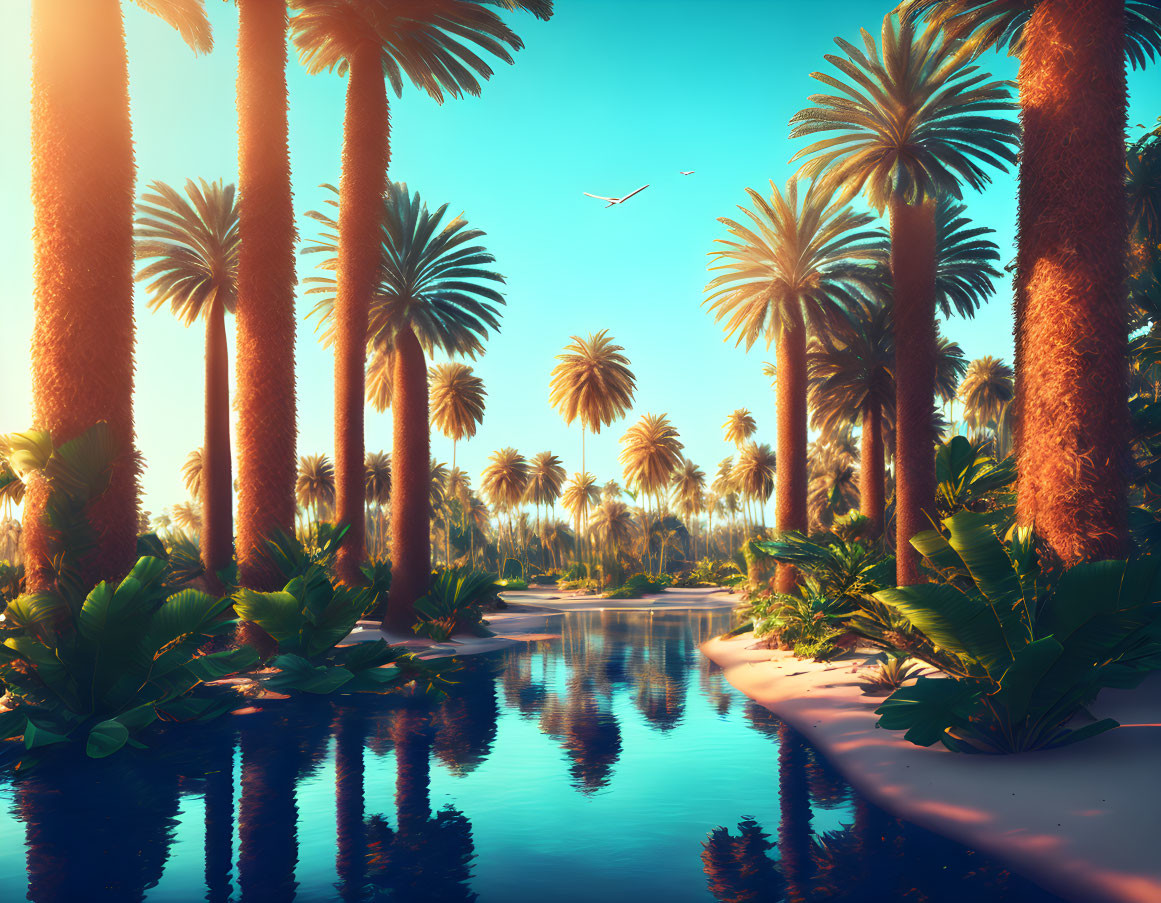 Tranquil Tropical Oasis with Palm Trees and Reflective Water