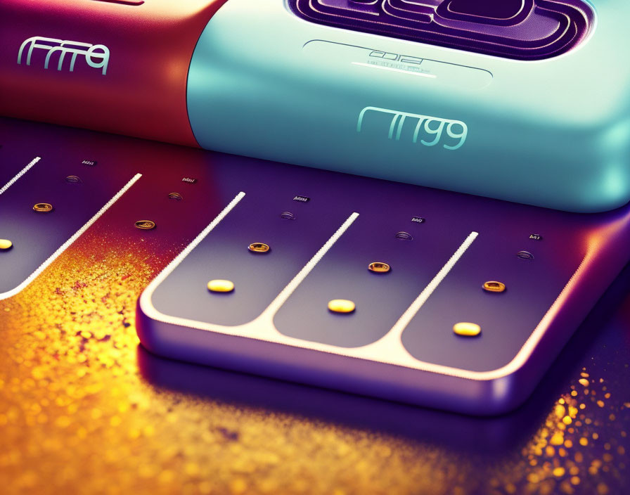 Colorful electronic device with digital display and tactile buttons on textured surface