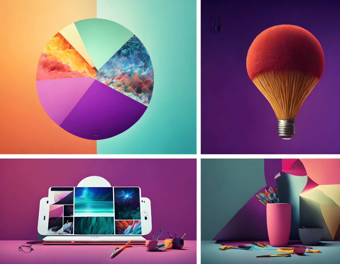 Four Vibrant Image Collage: Pie Chart in Nature, Fruit-Like Bulb, Nature Smartphone