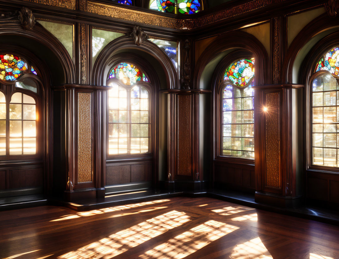 Elegant room with ornate stained-glass windows