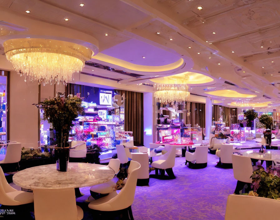 Elegant White Tables and Chairs with Purple Lighting