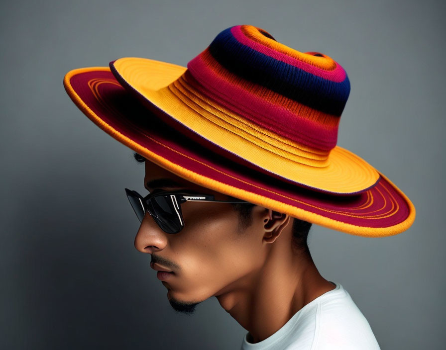 Profile of a man in oversized colorful hat and stylish sunglasses on grey background