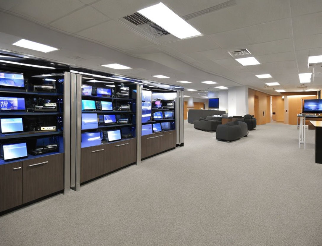 Control room with multiple screens, server racks, seating areas, and dim lighting