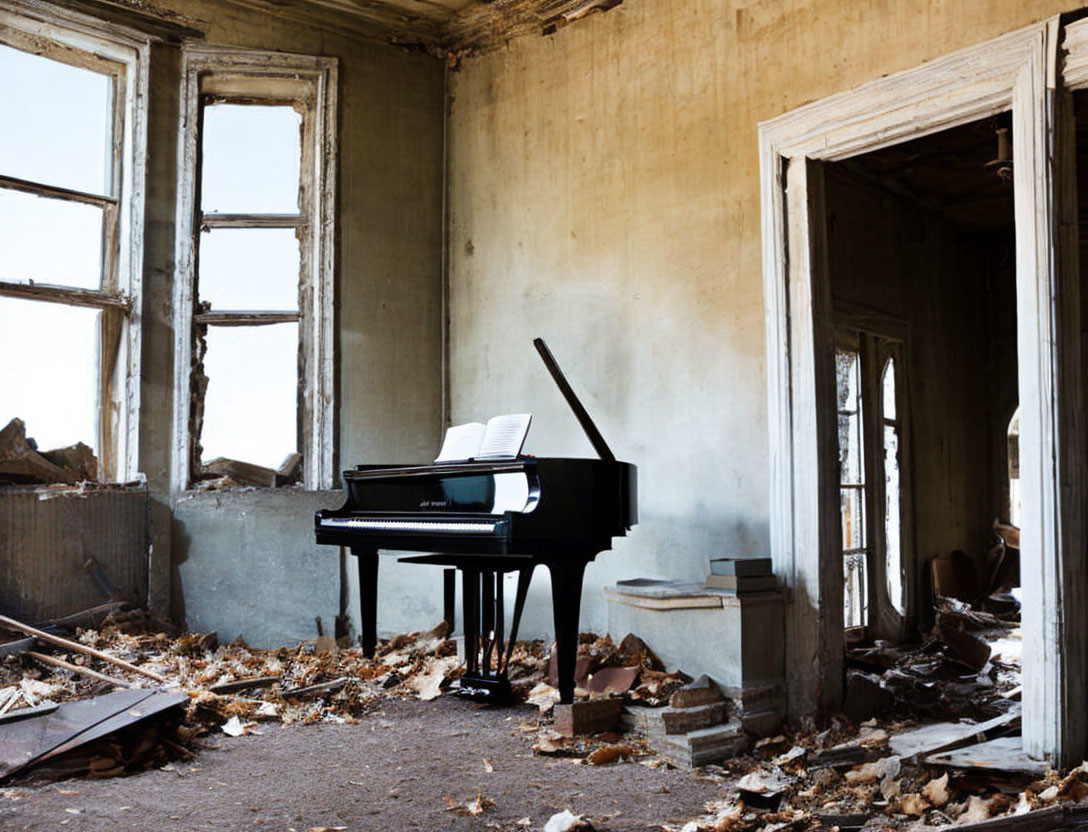 Grand Piano in Dilapidated Room with Peeling Walls and Large Windows