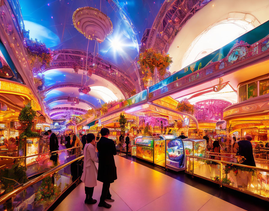 Colorful Indoor Shopping Arcade with Ornate Decorations & People