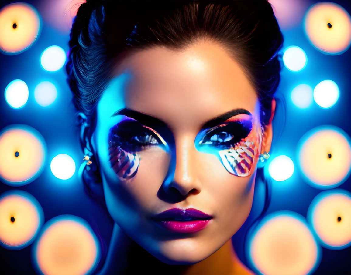 Dramatic makeup woman in colorful lighting and bokeh backdrop