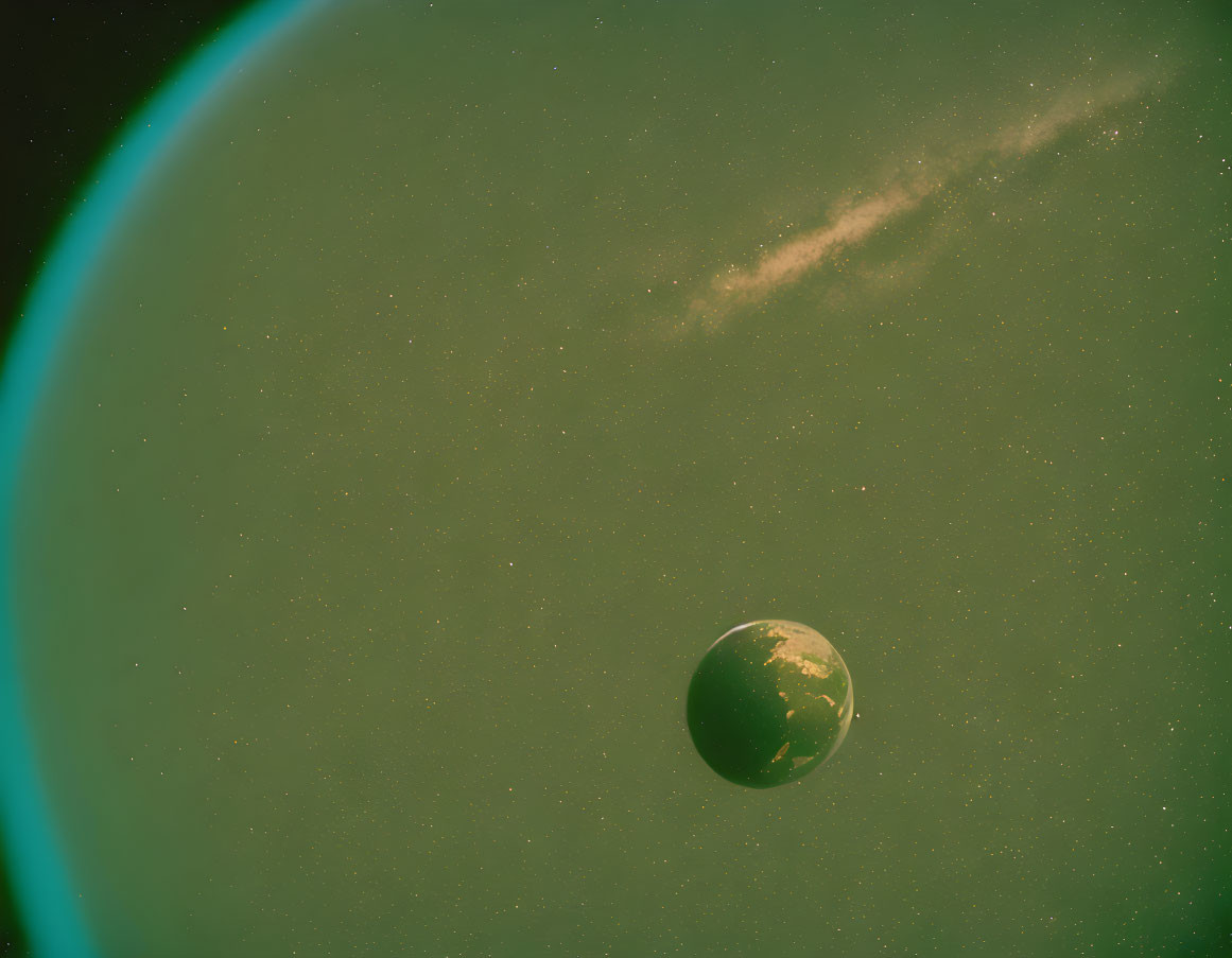 Green-toned planet with large ring in starry galaxy.