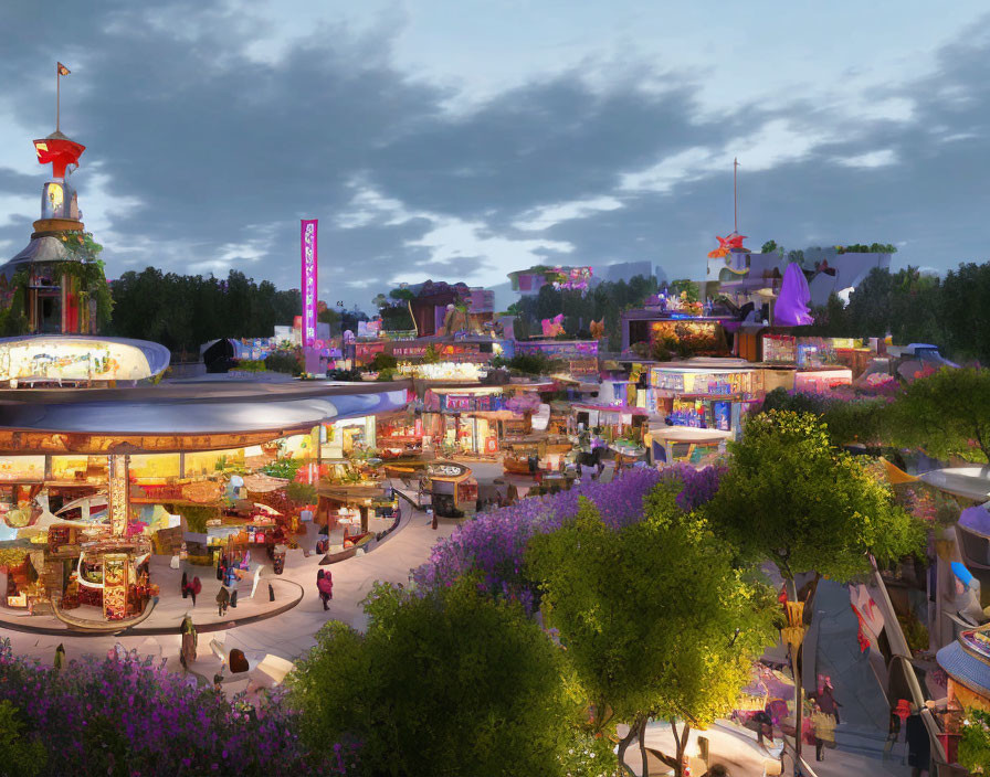 Colorful Outdoor Market with Vibrant Flowers and Festive Decorations at Twilight